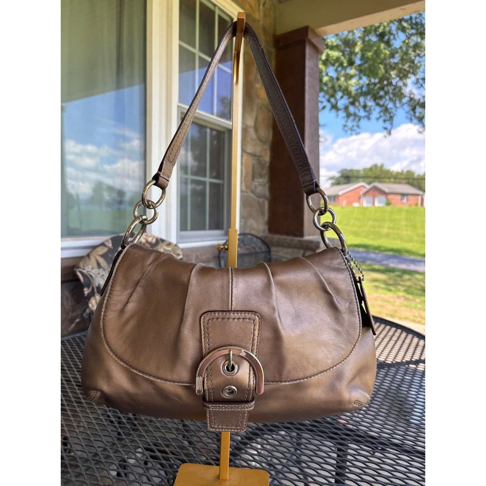 Y2K Coach Soho Pleated Flap Metallic Bronze Leather Hobo Bag F17217 Medium